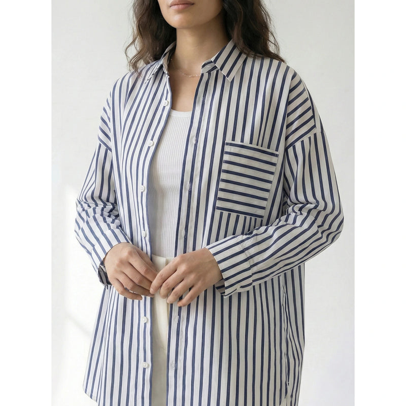 White Navy Stripes Oversized Shirt | Montivo Pakistan