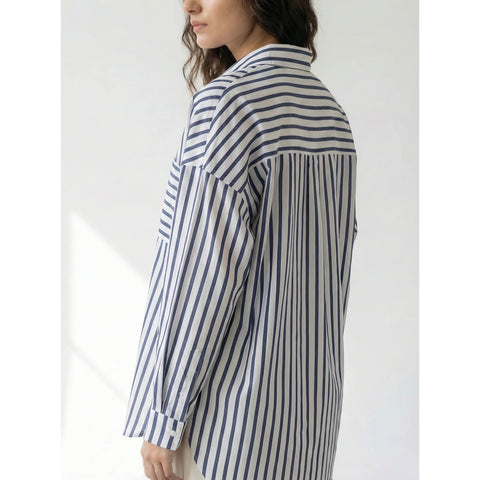 White Navy Stripes Oversized Shirt | Montivo Pakistan