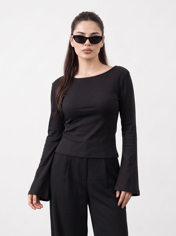 Black Broad Neck Flare Sleeves Top | Montivo Pakistan