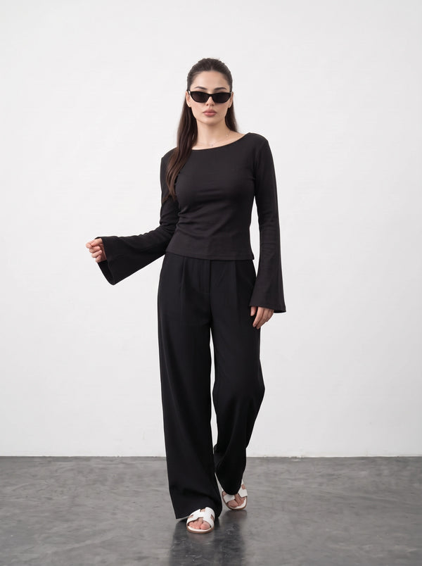 Black Broad Neck Flare Sleeves Top | Montivo Pakistan