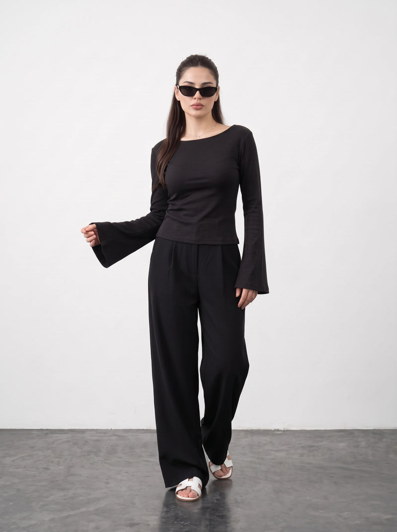 Black Broad Neck Flare Sleeves Top | Montivo Pakistan