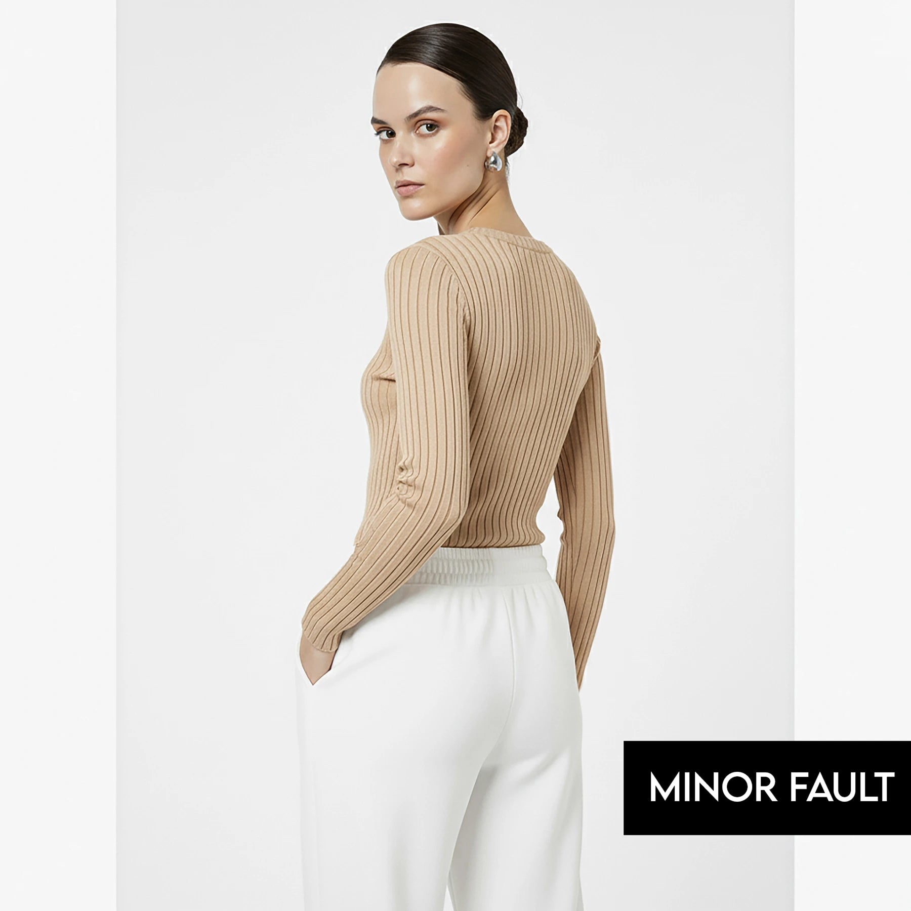 (Minor Fault) Beige Drop Needle Crew Neck Top | Montivo Pakistan