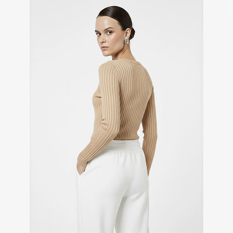 Beige Drop Needle Crew Neck Top | Montivo Pakistan