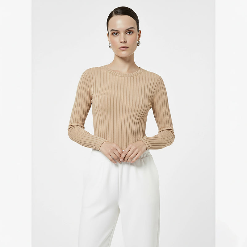 Beige Drop Needle Crew Neck Top | Montivo Pakistan