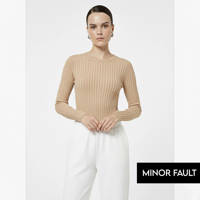 (Minor Fault) Beige Drop Needle Crew Neck Top | Montivo Pakistan
