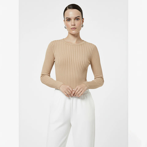 Beige Drop Needle Crew Neck Top | Montivo Pakistan