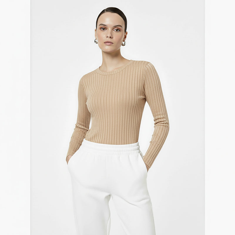 Beige Drop Needle Crew Neck Top | Montivo Pakistan