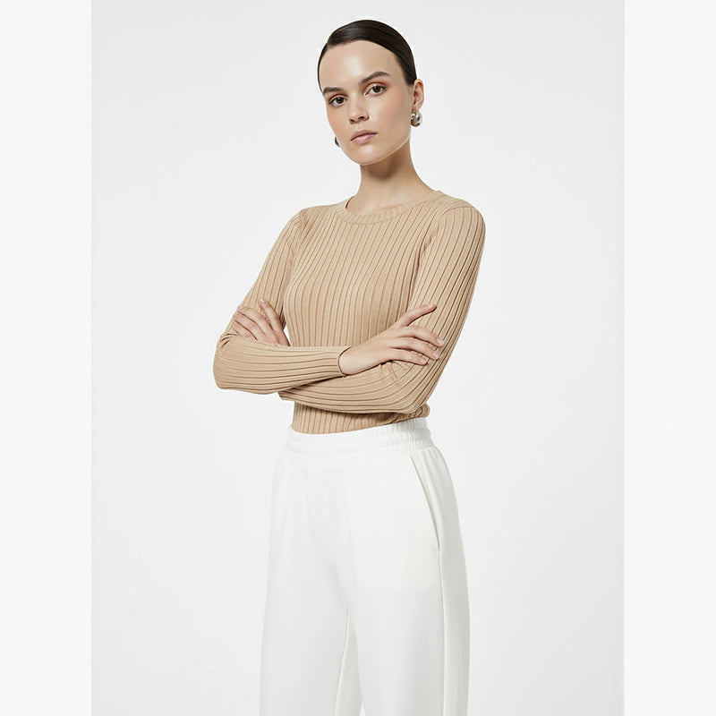 Beige Drop Needle Crew Neck Top | Montivo Pakistan