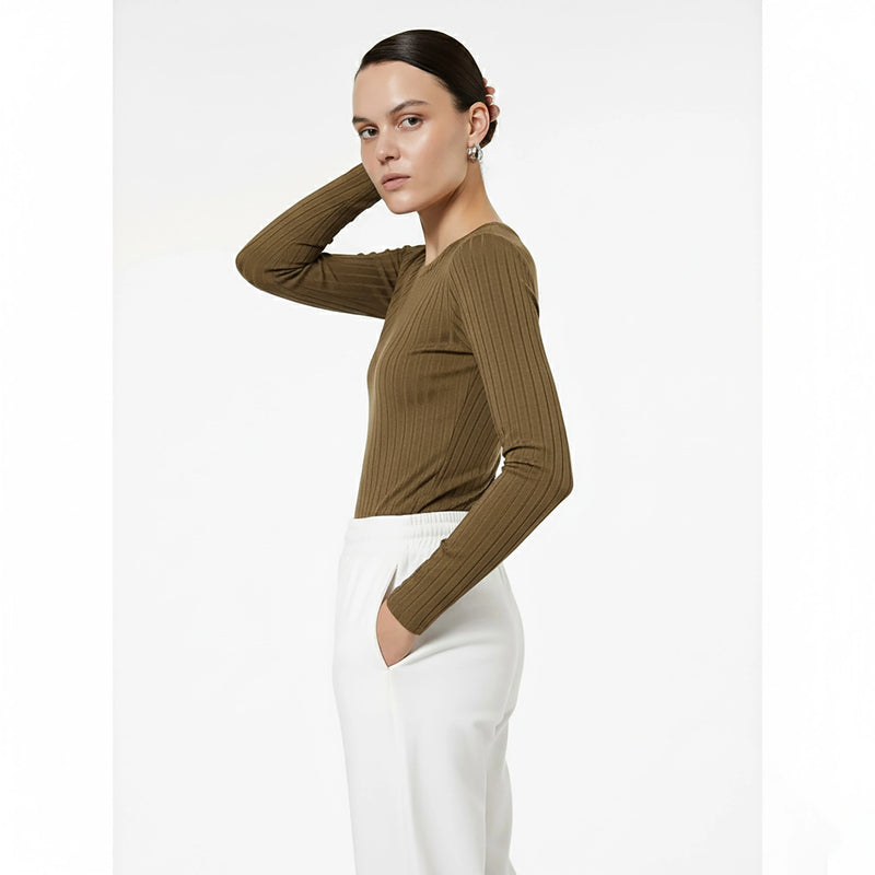 Brown Drop Needle Crew Neck Top | Montivo Pakistan