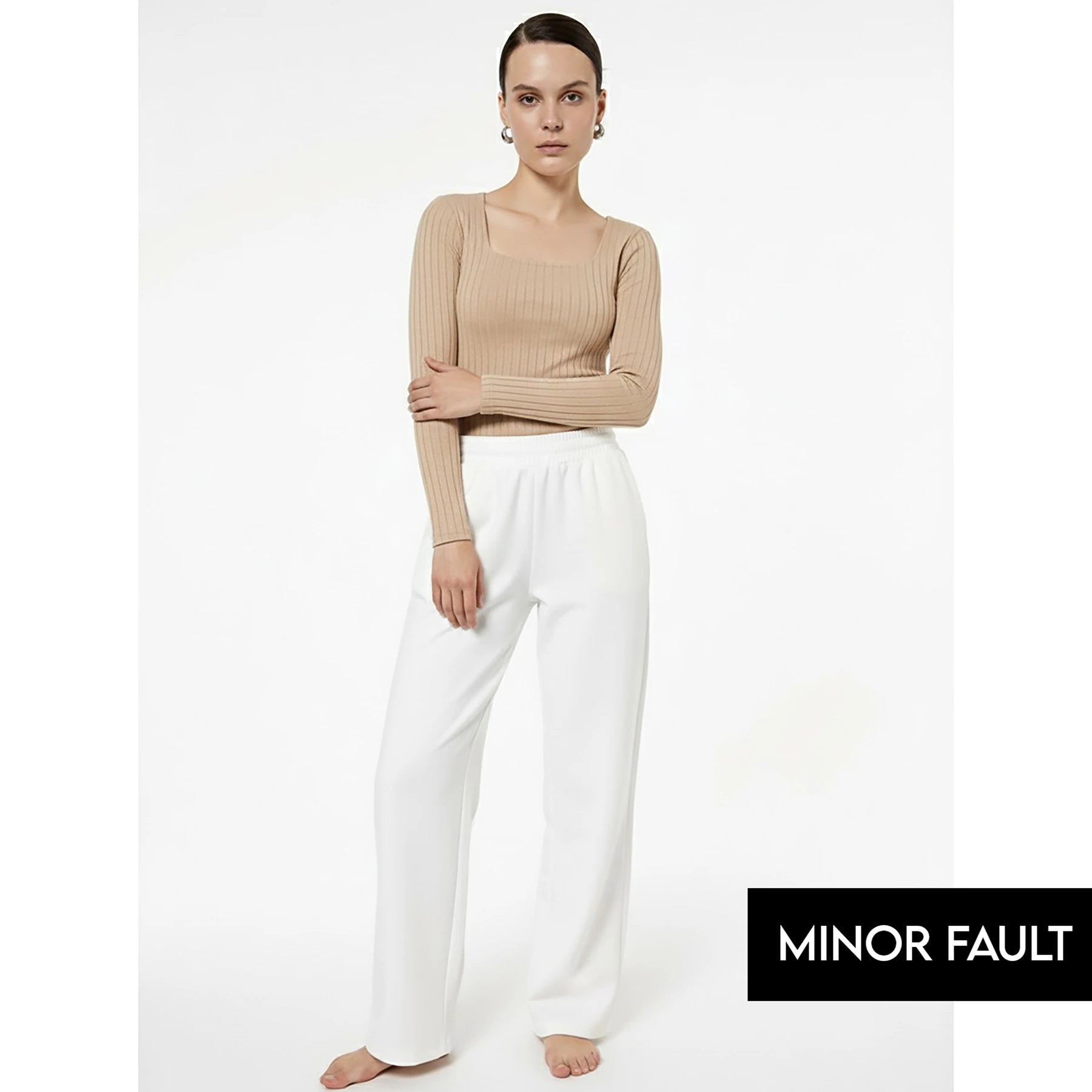 (Minor Fault) Beige Drop Needle Square Neck Top | Montivo Pakistan