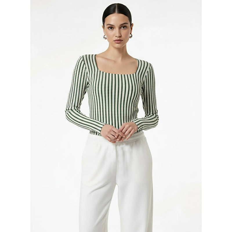 Stripes Square Neck Knitted Top | Montivo Pakistan