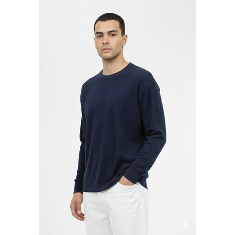 Blue Textured Crew Neck Jumper | Montivo Pakistan