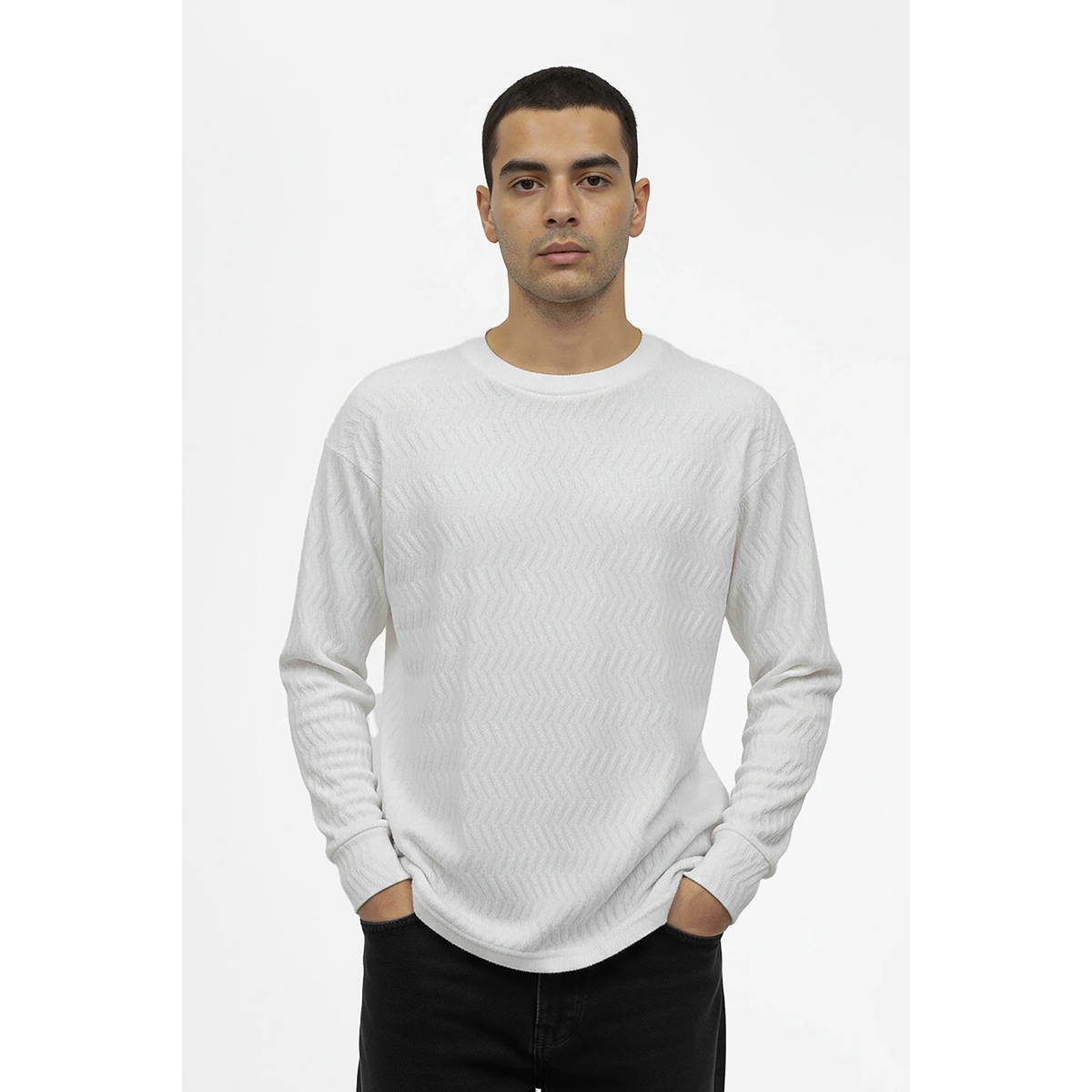 White Textured Crew Neck Jumper | Montivo Pakistan