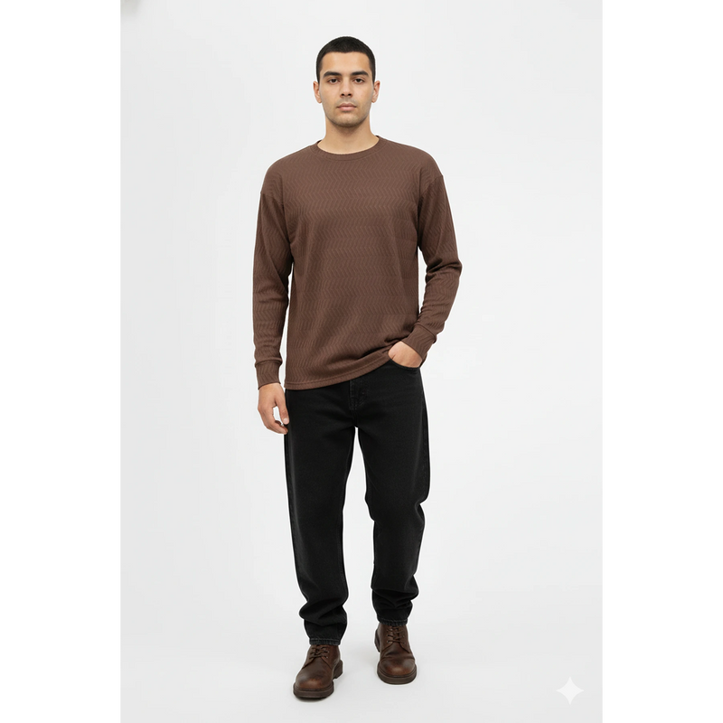 Brown Textured Crew Neck Jumper | Montivo Pakistan