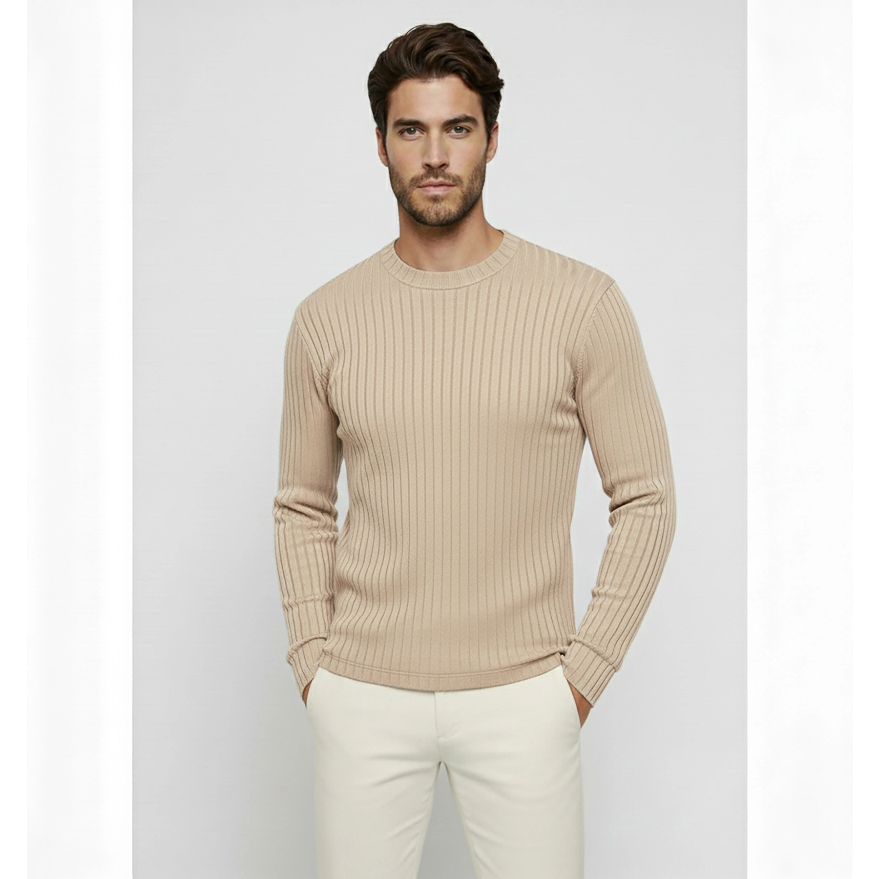 Beige Drop Needle Crew Neck Jumper | Montivo Pakistan