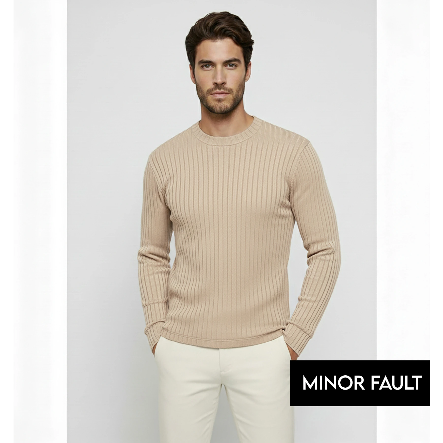 (Minor Fault) Beige Drop Needle Crew Neck Jumper | Montivo Pakistan