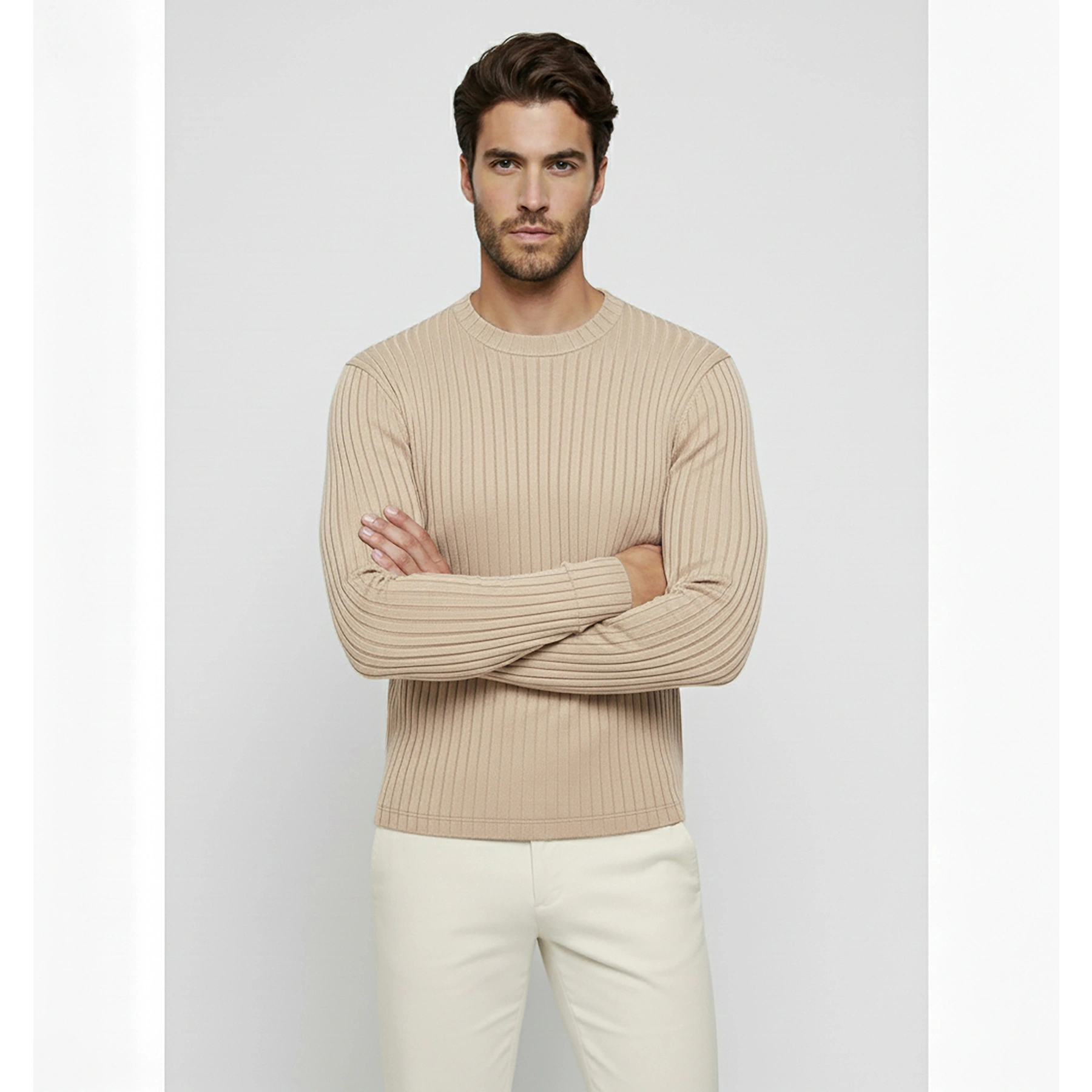 Beige Drop Needle Crew Neck Jumper | Montivo Pakistan