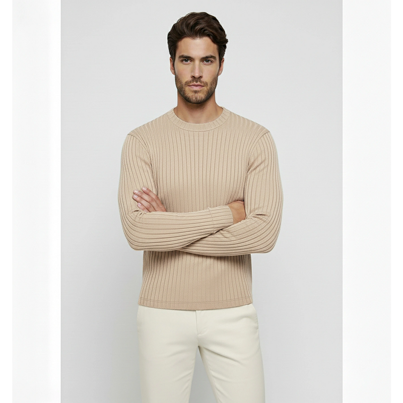 Beige Drop Needle Crew Neck Jumper | Montivo Pakistan