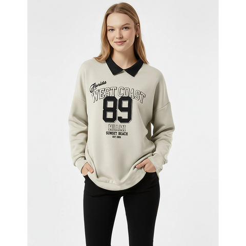 Off-White Melange Printed Collar Sweatshirt | Montivo Pakistan