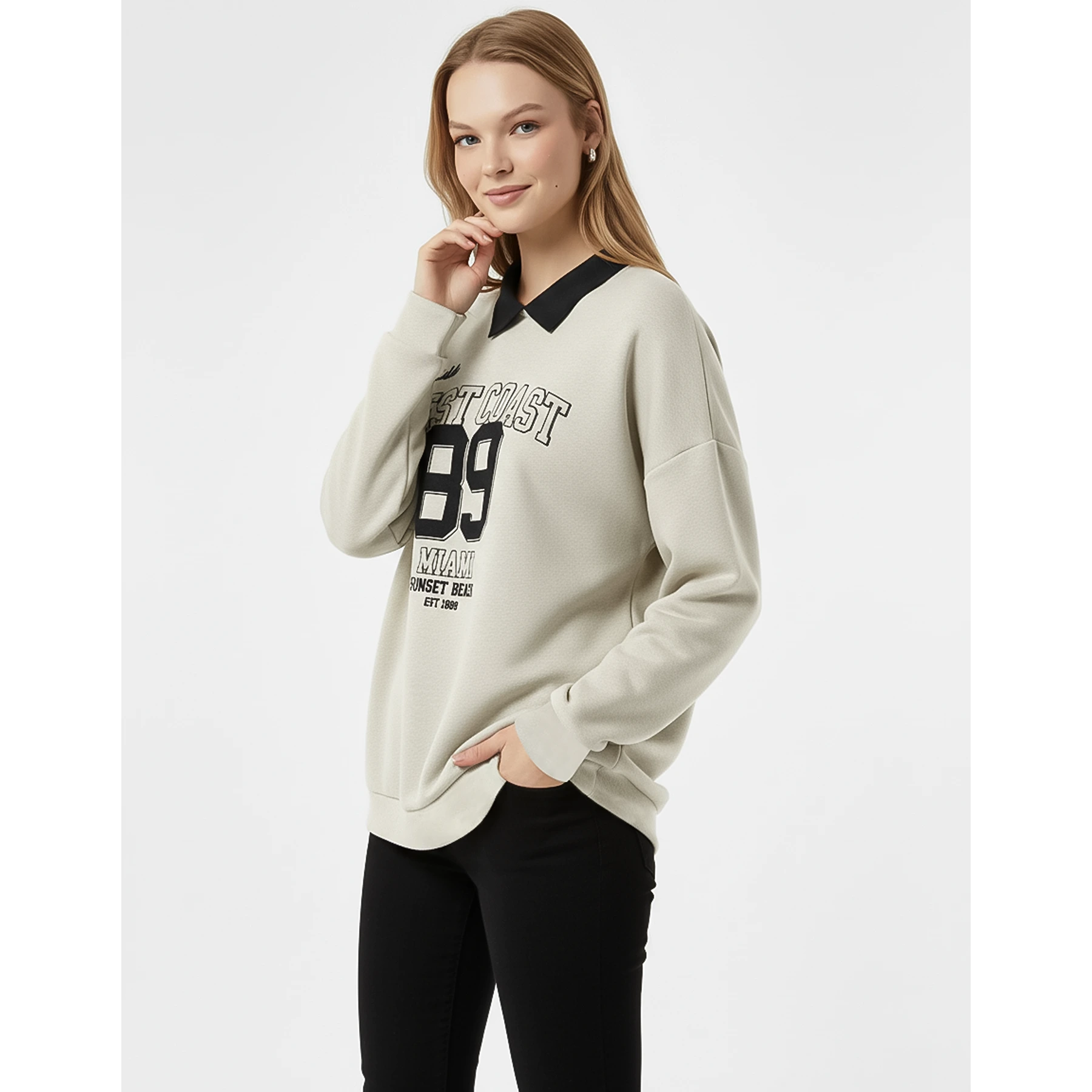 Off-White Melange Printed Collar Sweatshirt | Montivo Pakistan