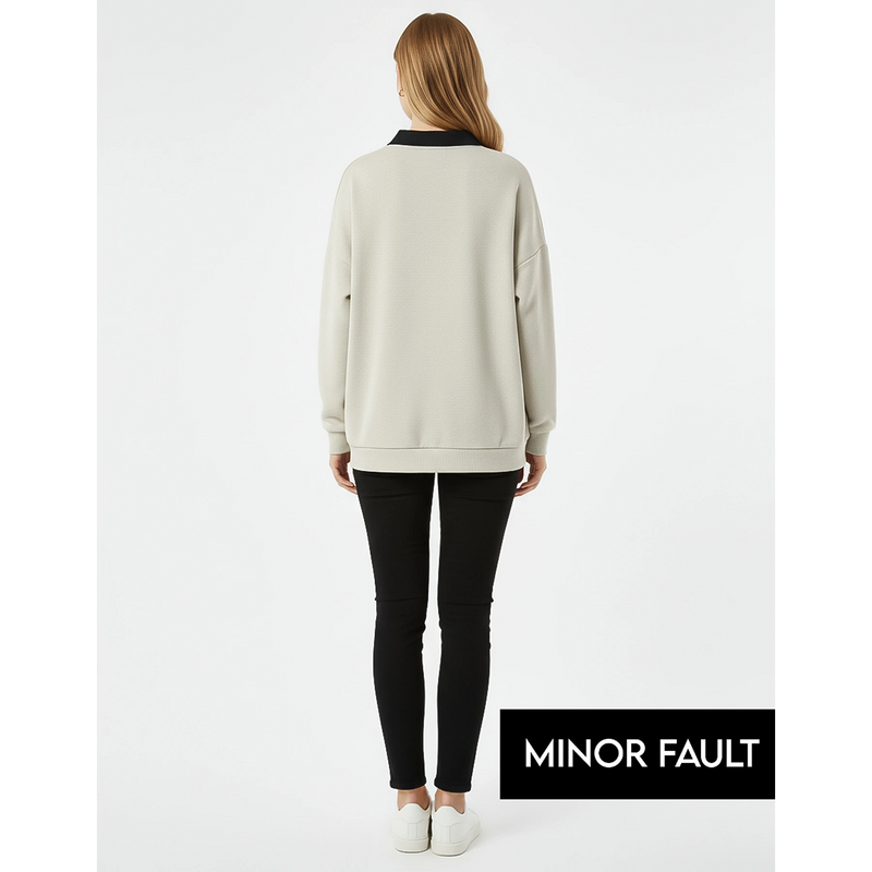 (Minor Fault) Off-White Melange Printed Collar Sweatshirt | Montivo Pakistan