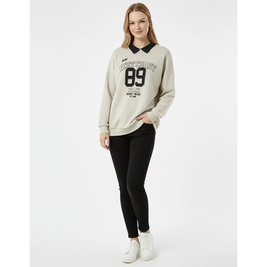 Off-White Melange Printed Collar Sweatshirt | Montivo Pakistan