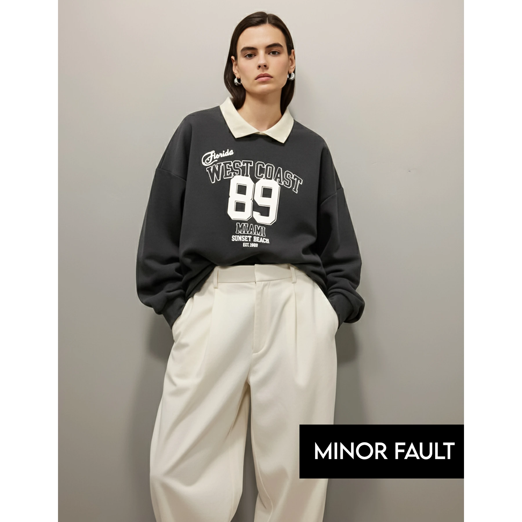 (Minor Fault) Dark Grey Printed Collar Sweatshirt | Montivo Pakistan