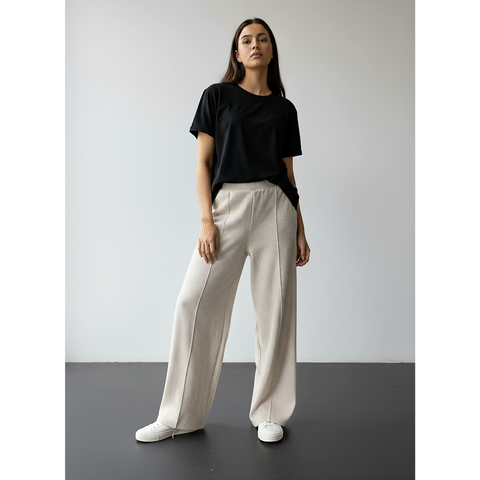 White Melange Front Seam Extra Wide Leg Trousers | Montivo Pakistan