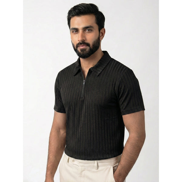Black Drop Needle Zipper Polo | Montivo Pakistan