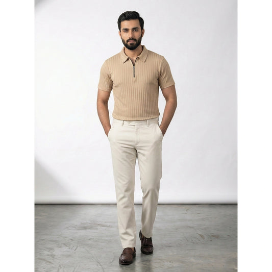 Beige Drop Needle Zipper Polo