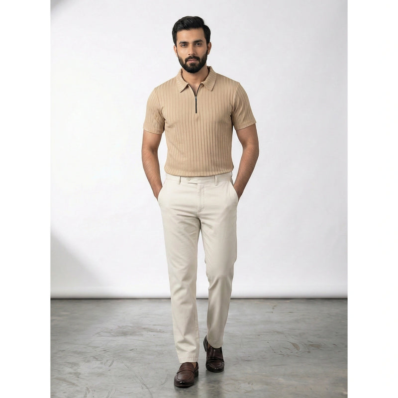 Beige Drop Needle Zipper Polo | Montivo Pakistan