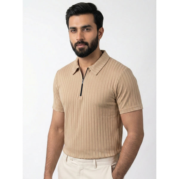 Beige Drop Needle Zipper Polo | Montivo Pakistan