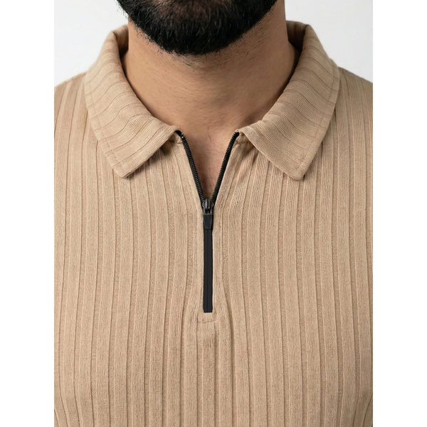 Beige Drop Needle Zipper Polo | Montivo Pakistan