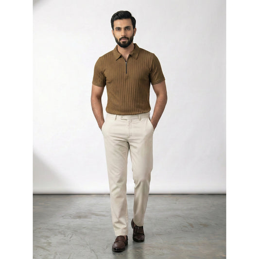 Brown Drop Needle Zipper Polo