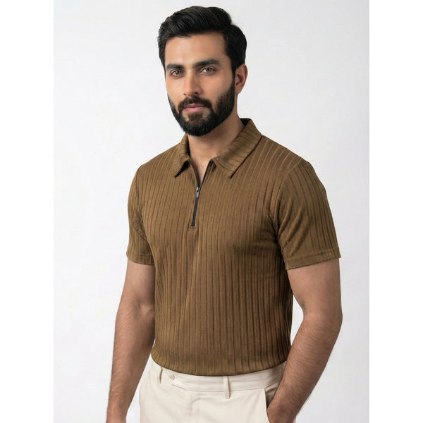 Brown Drop Needle Zipper Polo | Montivo Pakistan
