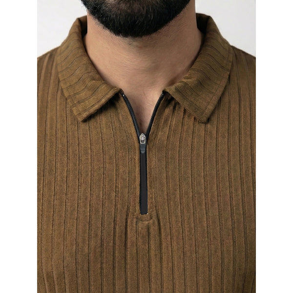Brown Drop Needle Zipper Polo | Montivo Pakistan