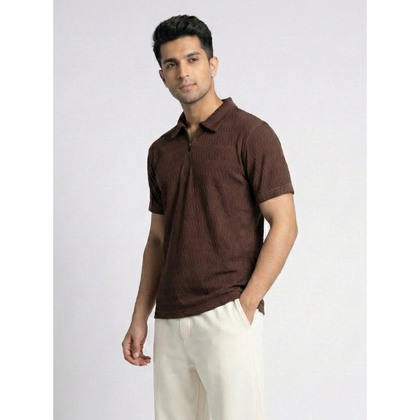 Brown Textured Zipper Polo | Montivo Pakistan