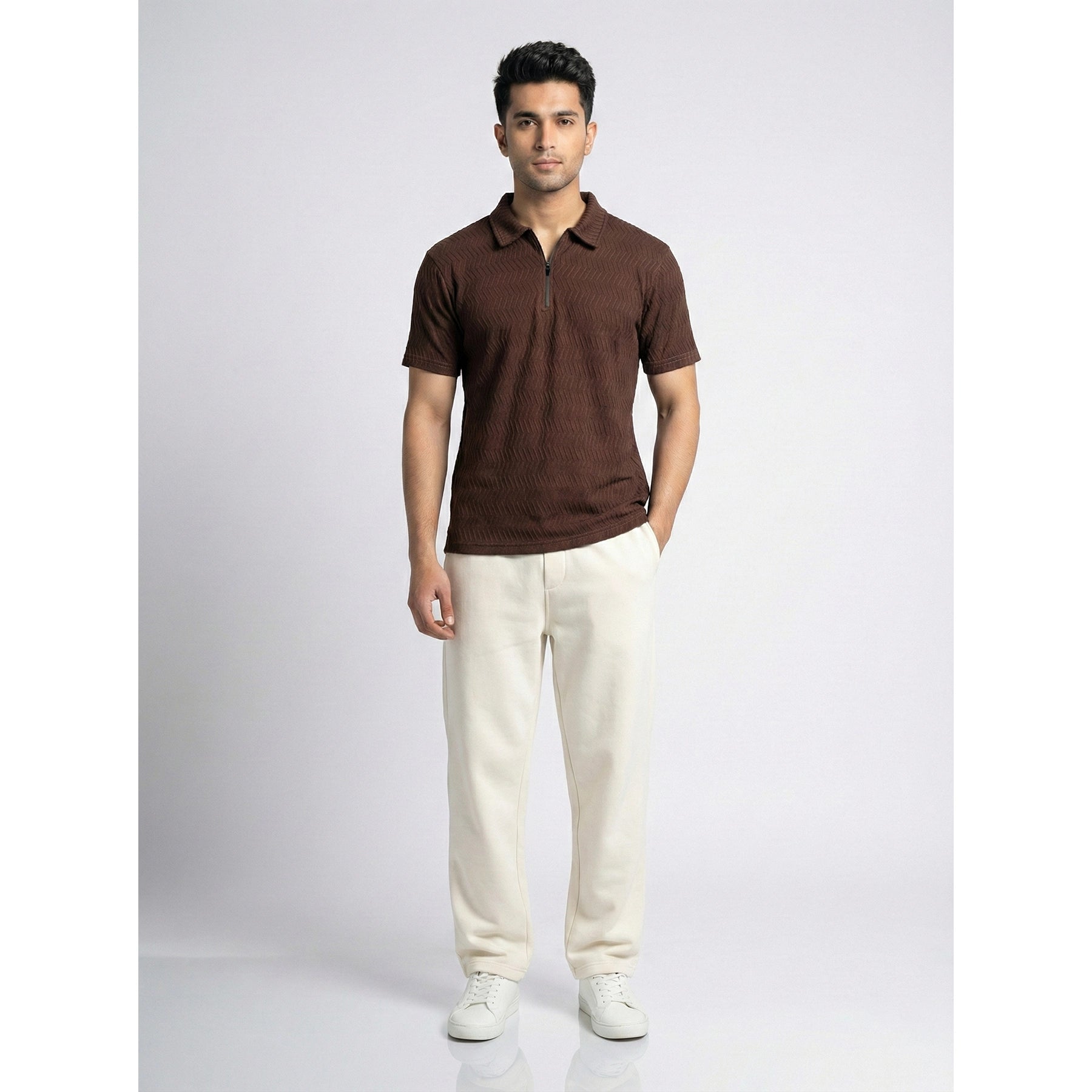 Brown Textured Zipper Polo | Montivo Pakistan