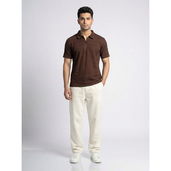 Brown Textured Zipper Polo | Montivo Pakistan