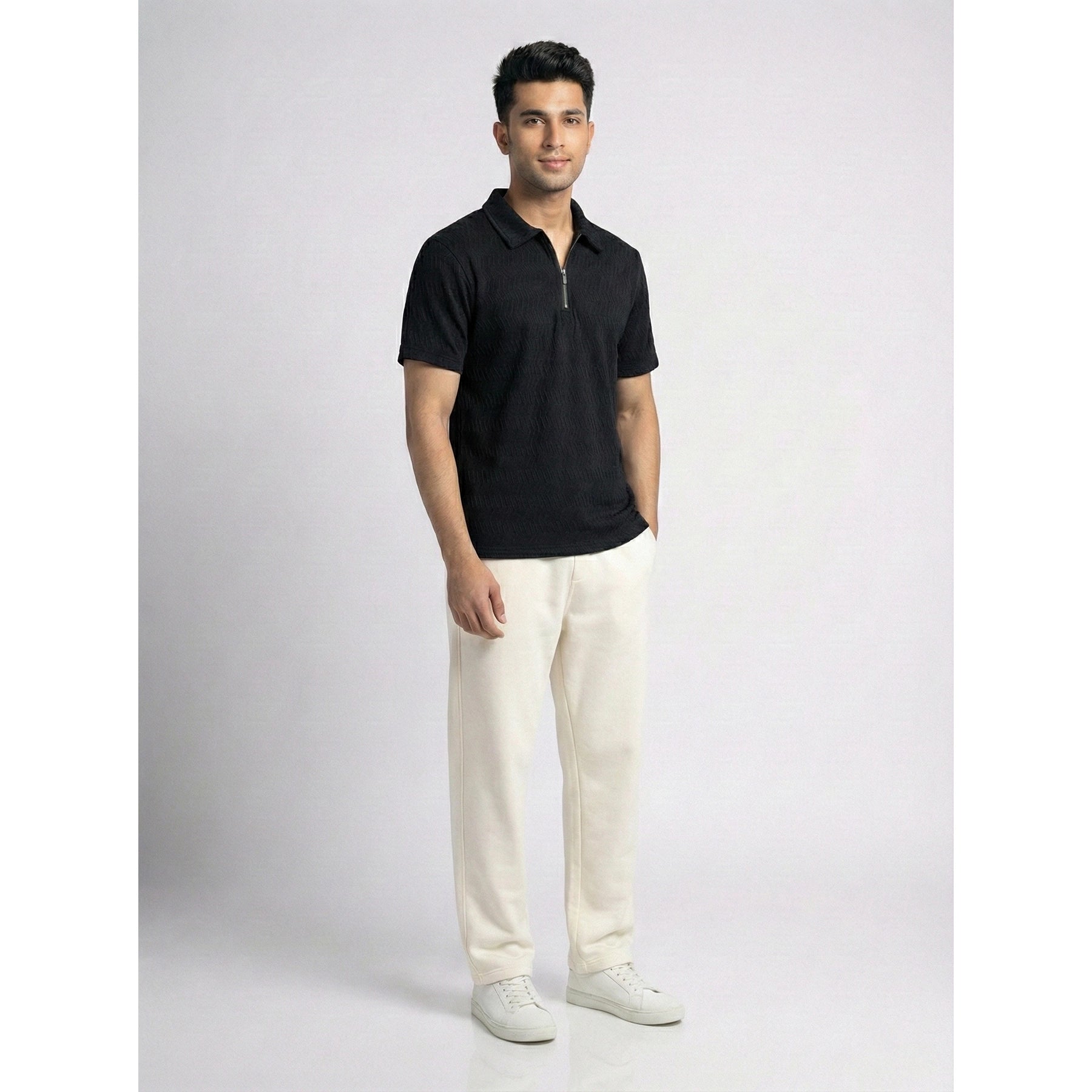 Black Textured Zipper Polo | Montivo Pakistan