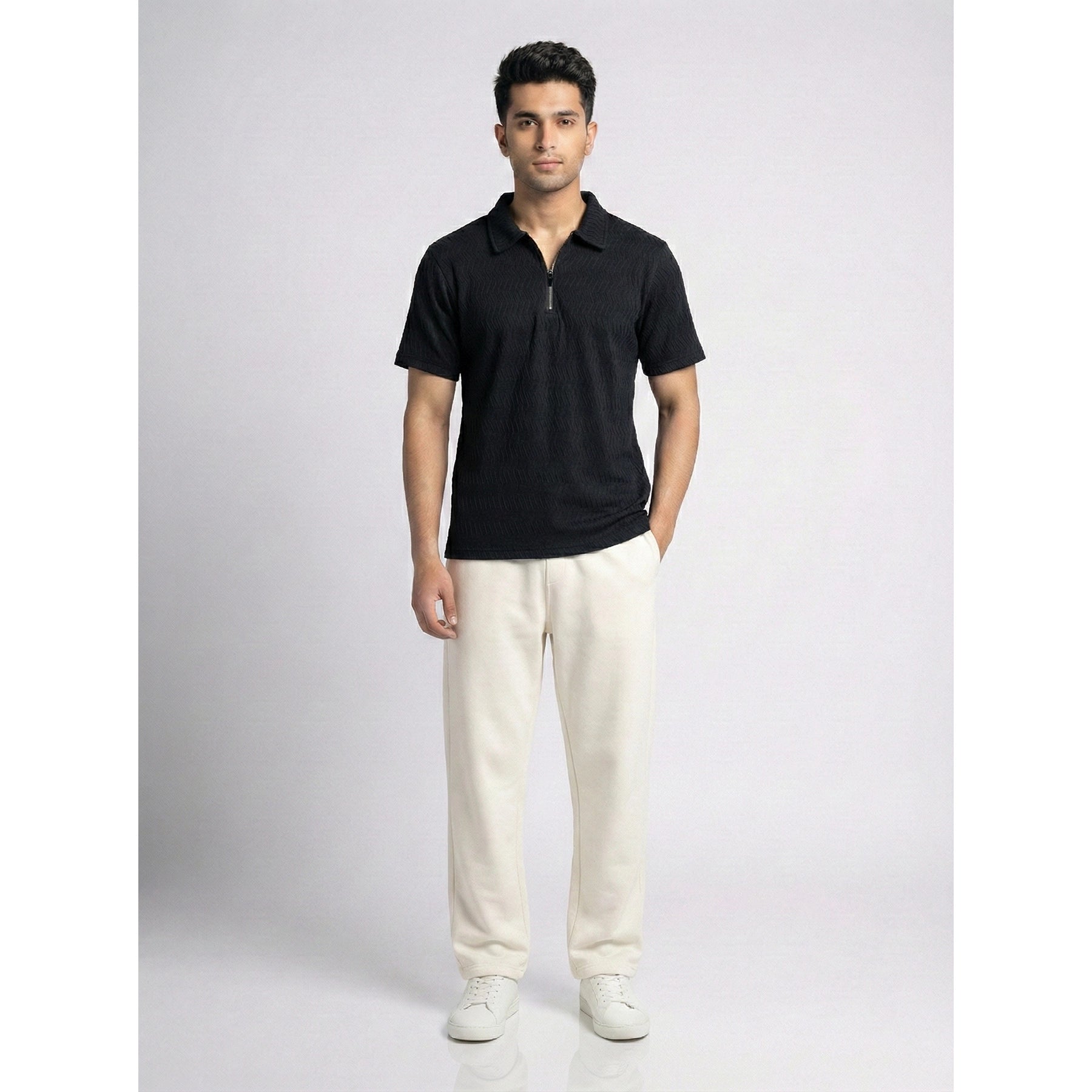 Black Textured Zipper Polo | Montivo Pakistan