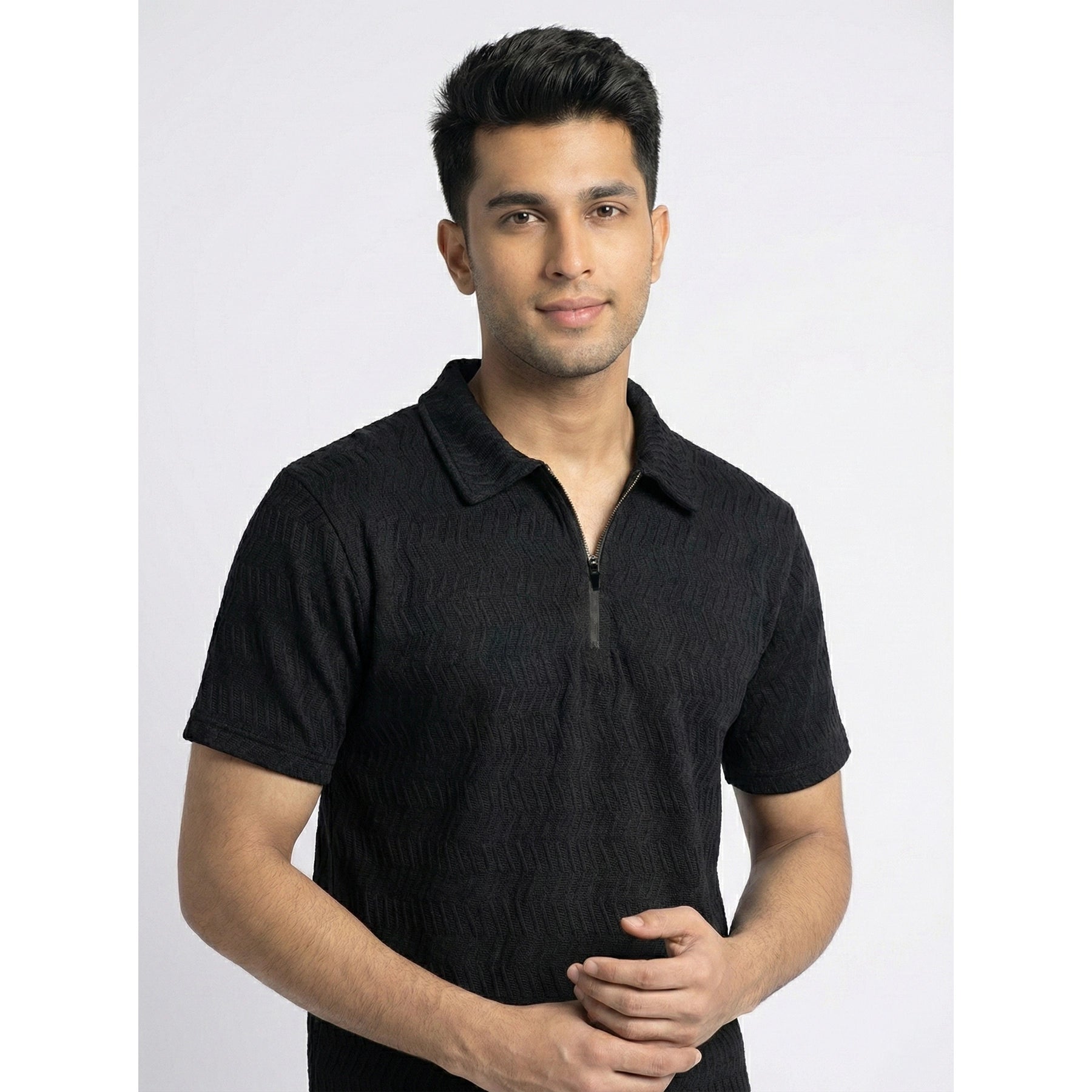 Black Textured Zipper Polo | Montivo Pakistan