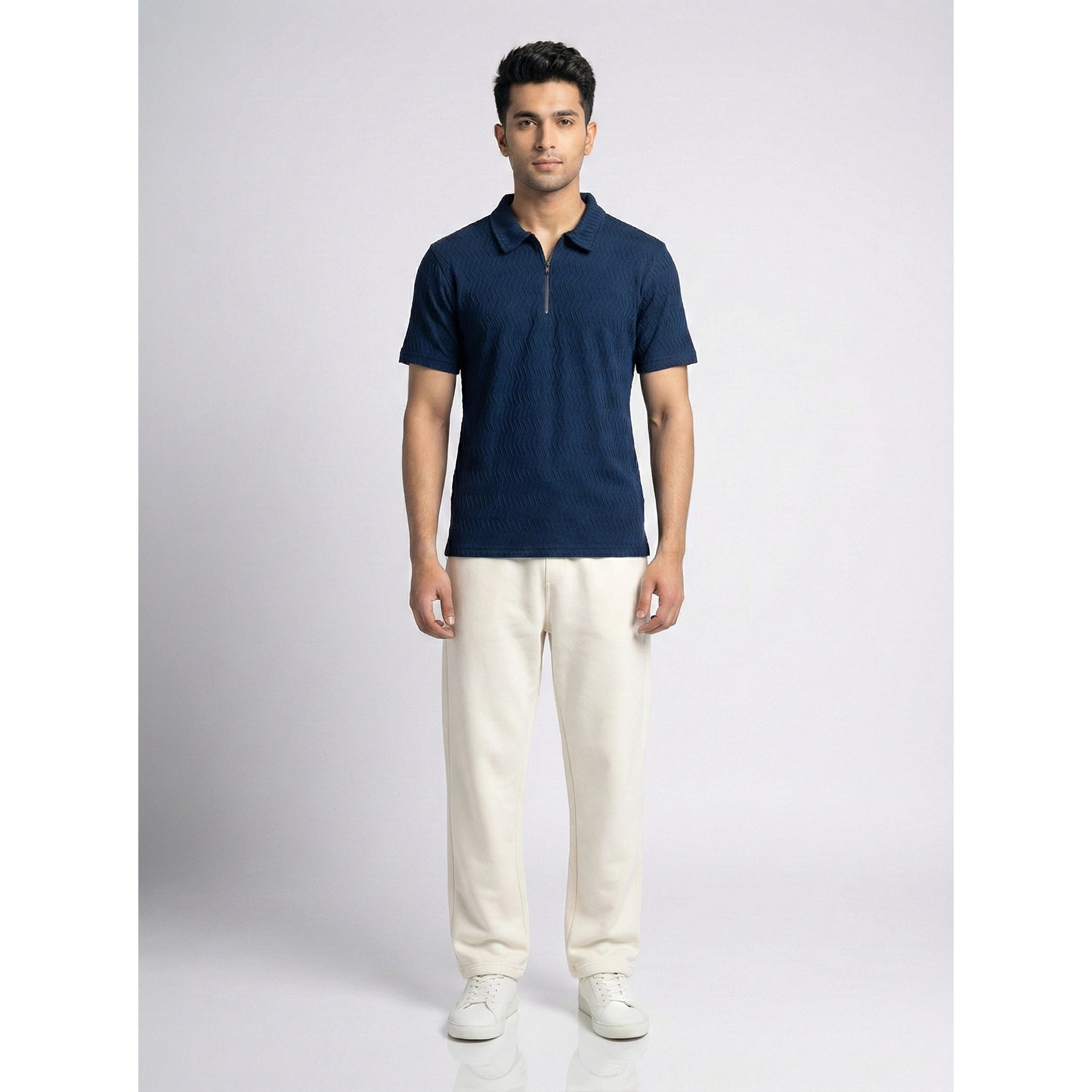 Blue Textured Zipper Polo | Montivo Pakistan