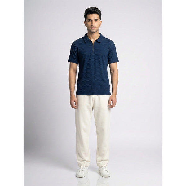 Blue Textured Zipper Polo | Montivo Pakistan