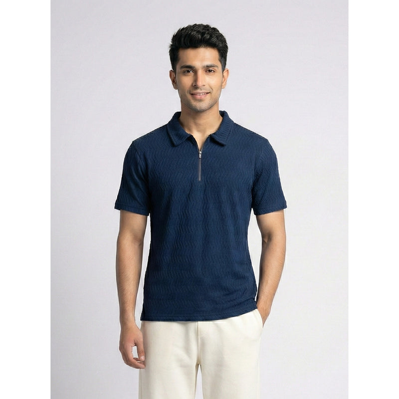 Blue Textured Zipper Polo | Montivo Pakistan