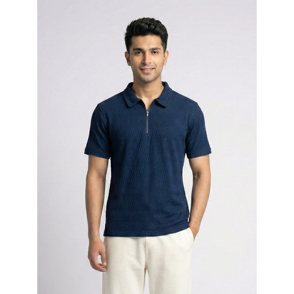 Blue Textured Zipper Polo | Montivo Pakistan