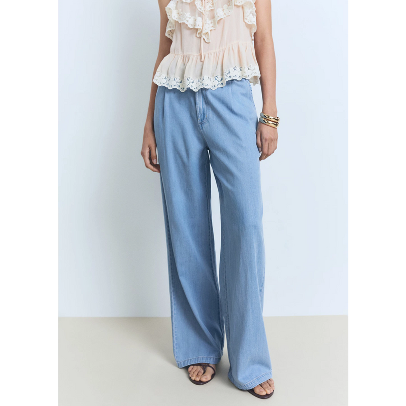 Light Blue Pleated Wide Leg Jeans | Montivo Pakistan