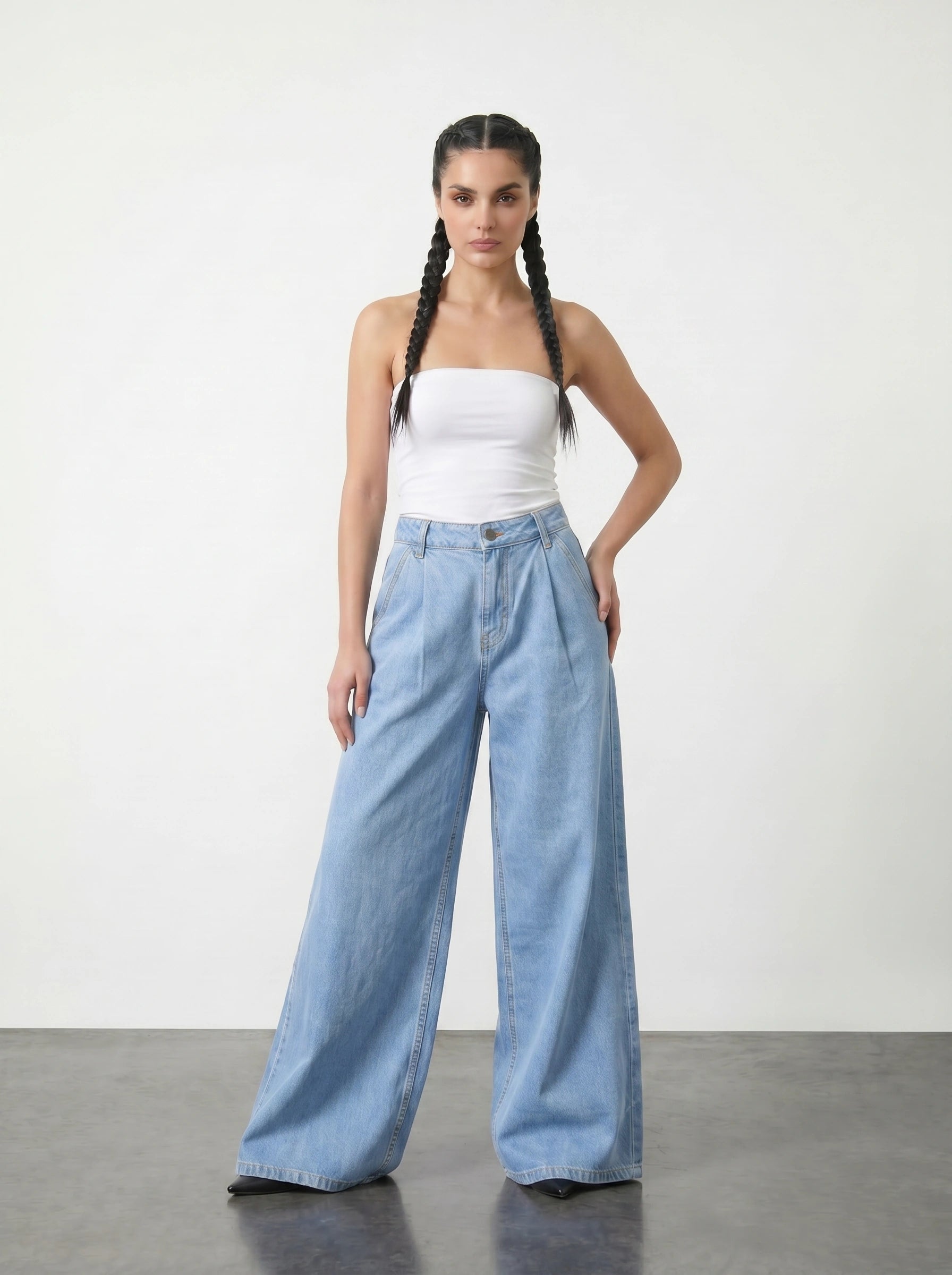Light Blue Pleated Wide Leg Jeans | Montivo Pakistan