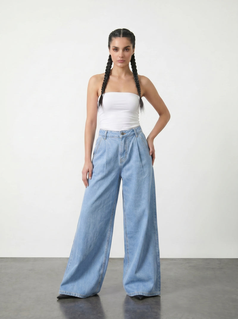 Light Blue Pleated Wide Leg Jeans | Montivo Pakistan