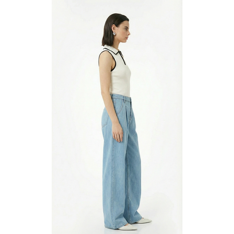 Light Blue Pleated Wide Leg Jeans | Montivo Pakistan
